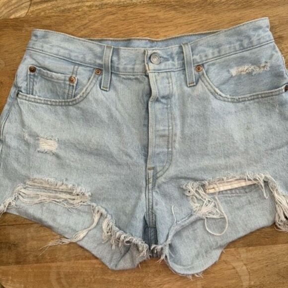 Levi’s 501 Blue Denim Jean Shorts Cut Off Distressed Flayed Size 29 High Waisted - Picture 1 of 10